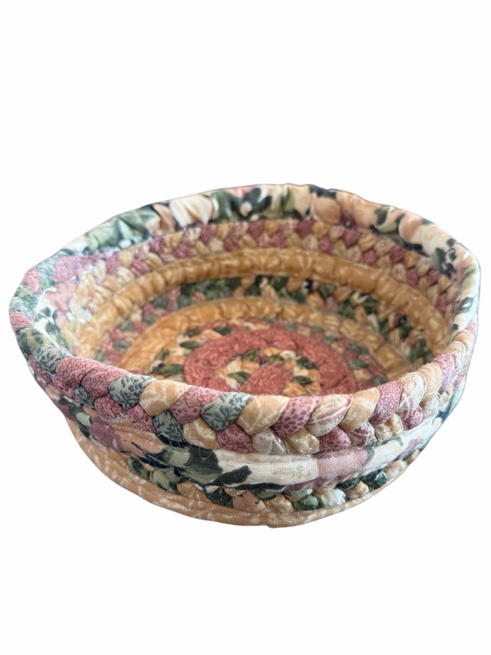 Vintage Floral Handcrafted Coiled Fabric Rope Basket Bowl Boho Cottagecore